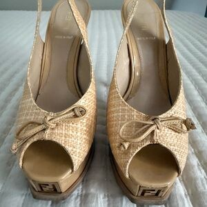 Fendi Women's Cream Woven Platform Slingbacks